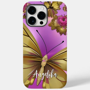 Coque Pour Pour iPhone 14 Pro Max Fleurs roses Papillons d'or Nom personnalisé