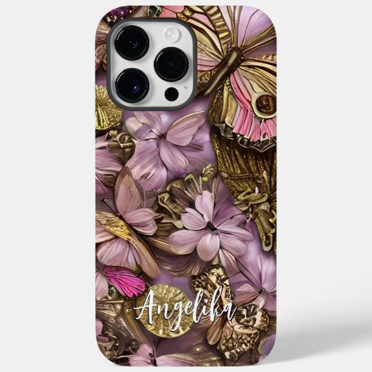 Coques Case-Mate iPhone Fleurs roses papillons dorés nom personnalisé (Verso)