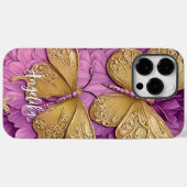 Coques Case-Mate iPhone Fleurs roses personnalisées Papillons dorés Nom (Verso (horizontal))