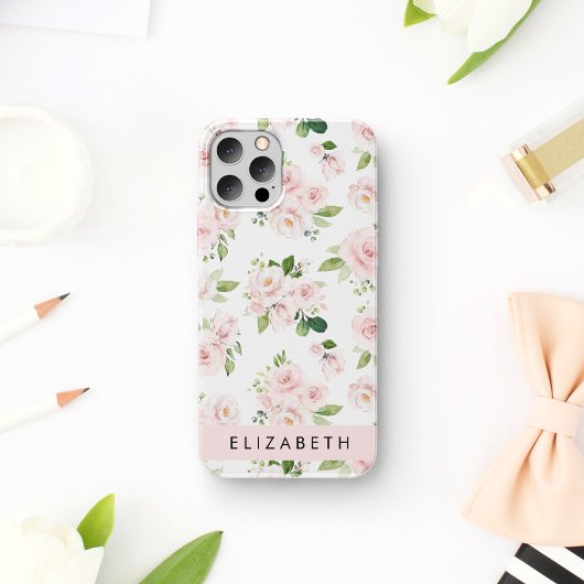 Coques Case-Mate iPhone Fleurs roses, Roses, Fleurs Aquarelles, Votre Nom
