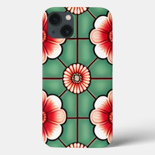 Coques Case-Mate iPhone Fleurs rouges et blanches sur carreaux verts (Verso)
