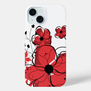 Coque Pour iPhone 15 Fleurs rouges et noires Girly fraîches modernes