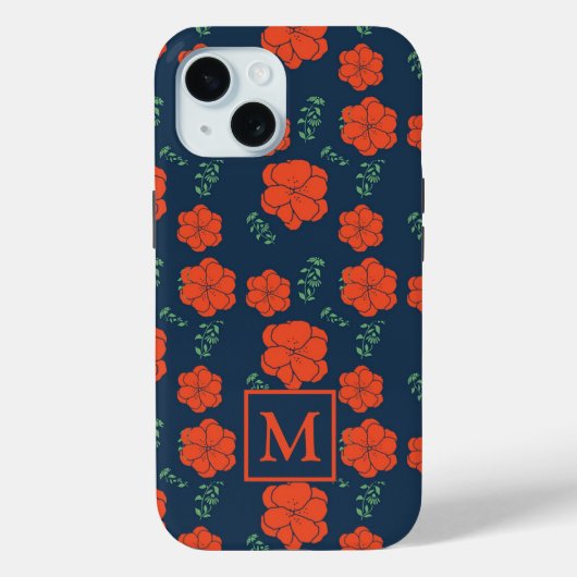 Coques Case-Mate iPhone Fleurs rouges Motif Monogramme bleu foncé (Verso)