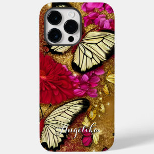 Coque Pour Pour iPhone 14 Pro Max Fleurs Rouges Paillettes Dorées Papillons Nom Pers