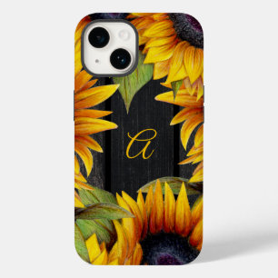 Coque Pour iPhone 14 Fleurs rustiques tournesols jaunes monogramme bois