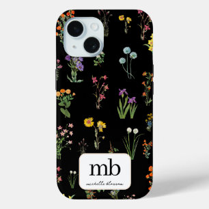 Coque Pour iPhone 15 Fleurs sauvages Aquarelle Noir Botanique Floral