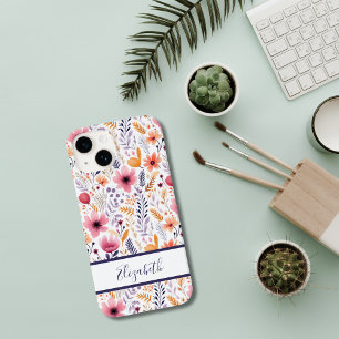Coque Pour iPhone 14 Fleurs sauvages Boho Monogramme Rose Violet Orange