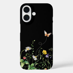 Coques iPhone 16 Fleurs sauvages et papillon en noir