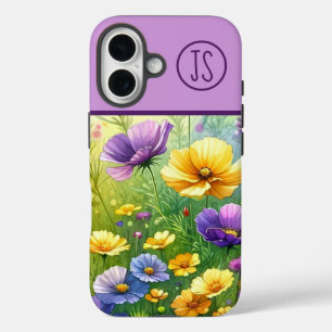 Coques iPhone 16 Fleurs sauvages jaunes et violets Monogrammes