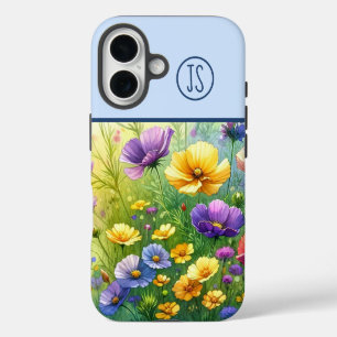 Coques iPhone 16 Fleurs sauvages jaunes et violets Monogrammes