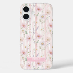 Coques iPhone 16 Plus Fleurs Sauvages Roses Rayées Monogrammées