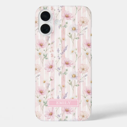 Coques Case-Mate iPhone Fleurs Sauvages Roses Rayées Monogrammées (Verso)