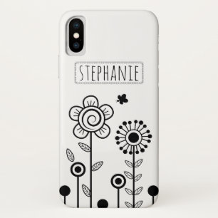 Coques Pour iPhone Fleurs simples noires, blanches et de nom