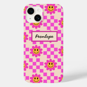 Coque Pour iPhone 14 Fleurs souriantes rose chaud à carreaux personnali