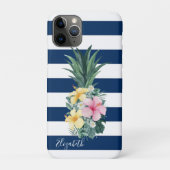 Coques Case-Mate iPhone Fleurs tropicales d'ananas, Bleu marine rayé (Dos)
