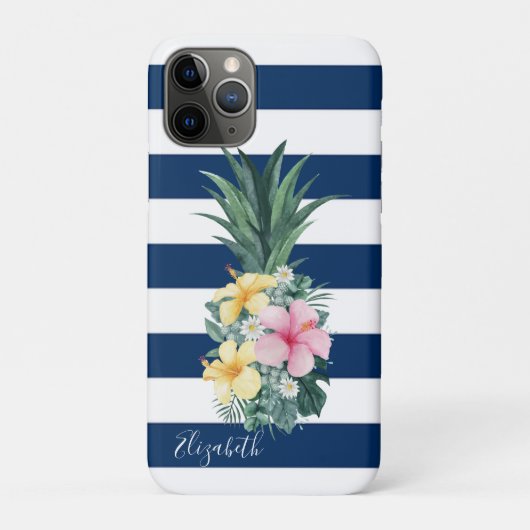 Coques Case-Mate iPhone Fleurs tropicales d'ananas, Bleu marine rayé (Dos)