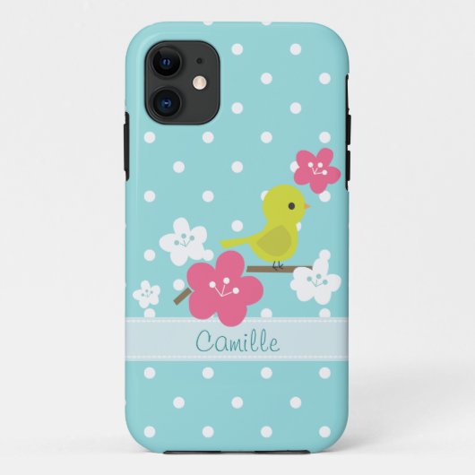 Coques Case-Mate iPhone Fleurs vertes d'oiseau et de cerise (Dos)