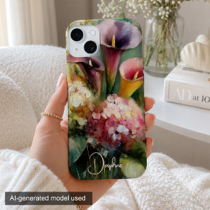 Coque Pour iPhone 15 Fleurs Vintage Rose et Violet Personnalisé