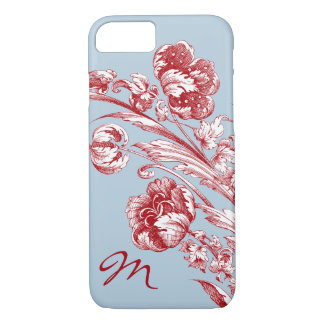 Coque iPhone 7 Fleurs vintages, rouge, blanc et bleu,
