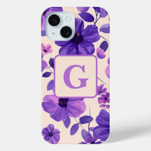 Coque Pour iPhone 15 Fleurs violettes peintes à la main monogramme pers