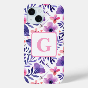 Coque Pour iPhone 15 Fleurs violettes peintes à la main monogramme pers