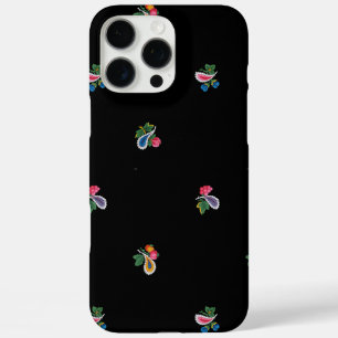 Coques iPhone 16 Pro Max Fleurs vives, feuilles et paisleys noirs