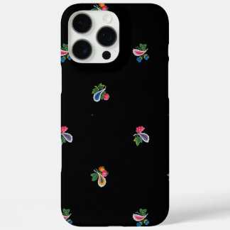 Coques iPhone 16 Pro Max Fleurs vives, feuilles et paisleys noirs