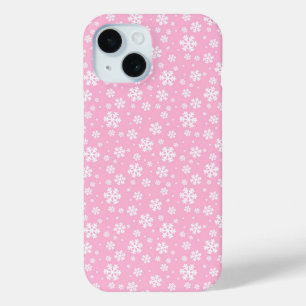 Coque Pour iPhone 15 Flocons blancs sur motif d'hiver rose clair