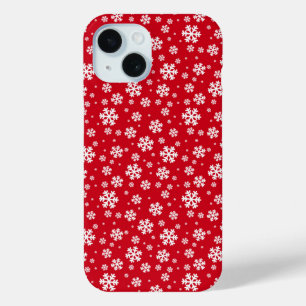 Coque Pour iPhone 15 Flocons blancs sur motif hivernal rouge