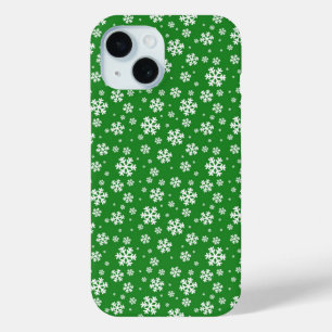 Coque Pour iPhone 15 Flocons blancs sur motif vert d'hiver