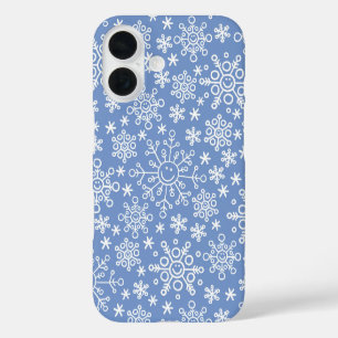 Coques iPhone 16 Flocons de neige gribouillés blancs et fond bleu