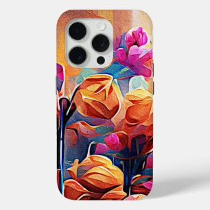 Coque iPhone 15 Pro Floral Abstract Art Orange Red Blue Flowers
