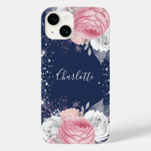 Coque Pour iPhone 14 Floral bleu rose rose argent nom de la parties sci