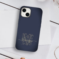 Floral Botanical Navy Blue & Gold V Nom Monogramme