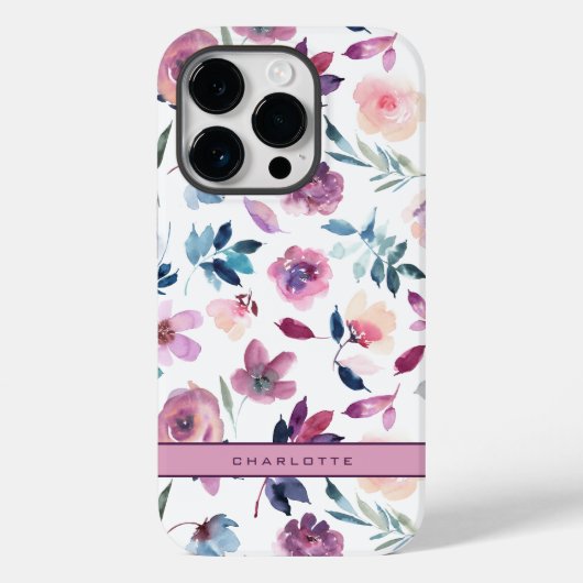 Coques Case-Mate iPhone Floral d'aquarelle pourpre avec nom (Verso)
