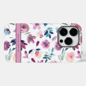 Coques Case-Mate iPhone Floral d'aquarelle pourpre avec nom (Verso (horizontal))