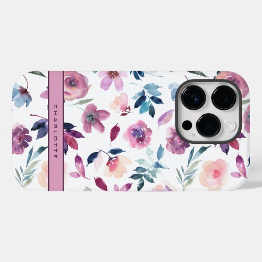 Coques Case-Mate iPhone Floral d'aquarelle pourpre avec nom (Verso (horizontal))