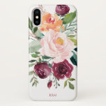 Case-Mate iPhone Case Floral d'aquarelle rustique avec Monogramme<br><div class="desc">Ce design floral rustique a une belle allure féminine et un charme rustique avec son bouquet de roses aquarelles, des fleurs mixtes et de la verdure dans un coloris tendance de bordeaux, rose et orange rougeâtre avec verdure. Un modèle de texte est inclus pour personnaliser cette conception avec vos initiales...</div>