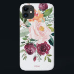 Case-Mate iPhone Case Floral d'aquarelle rustique avec Monogramme<br><div class="desc">Magnifiquement féminin au charme rustique, ce design floral rustique présente un bouquet de roses aquarelles, de fleurs mixtes et de verdure dans un coloris tendance de bordeaux, rose et orange rougeâtre avec verdure. Un modèle de texte est inclus pour personnaliser cette conception avec vos initiales monographiques, nom ou autre texte...</div>