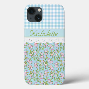 iPhone 13 Coque Floral de fleurs d'Apple, En vichy de chèques bleu