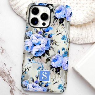 Coques iPhone 16 Pro Max Floral de Monogramme bleu et périphérique