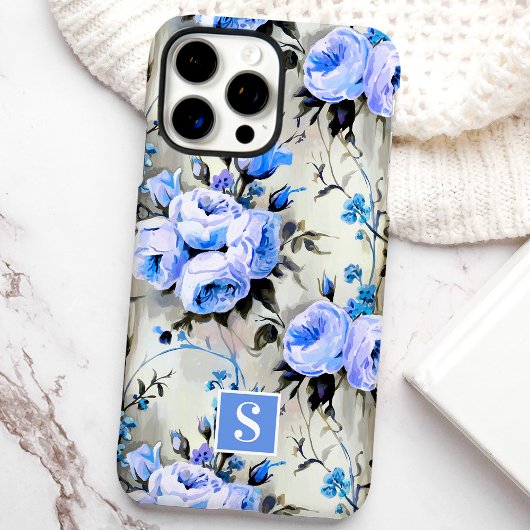 Coques Case-Mate iPhone Floral de Monogramme bleu et périphérique