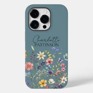 Coque Pour iPhone 14 Pro Floral élégant - Nom Fleur sauvage Hazy Turquoise