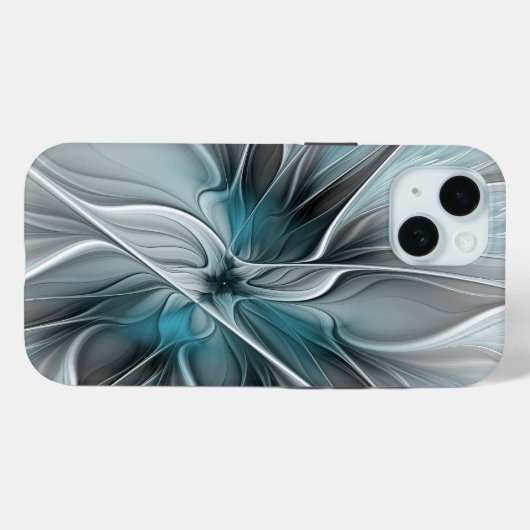 Coques Case-Mate iPhone Floral Fractal Moderne Fleur Abstrait gris bleu (Verso (horizontal))