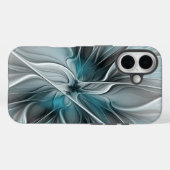 Coques Case-Mate iPhone Floral Fractal Moderne Fleur Abstrait gris bleu (Verso (horizontal))