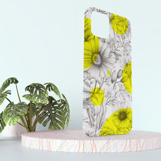 Coque Pour iPhone 15 Floral moderne dessin jaune vif Cercles rétro