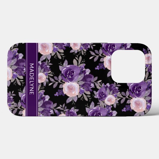 Coques Case-Mate iPhone Floral moderne violet noir (Verso (horizontal))