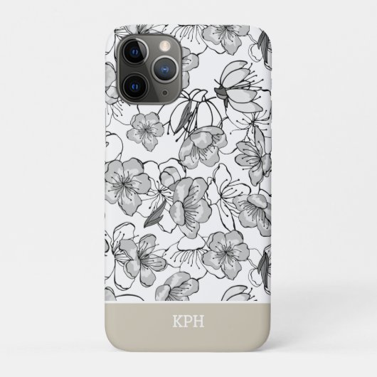 Coques Case-Mate iPhone Floral Noir, Blanc et Tan avec Monogramme (Dos)