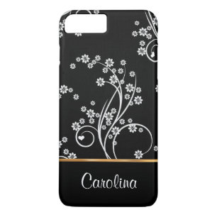 Coques Pour iPhone Floral noir et blanc, fausse feuille d'or