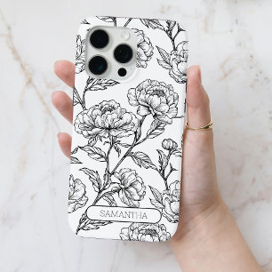 Coque iPhone 15 Pro Max Floral noir et blanc Nom personnalisé Flower